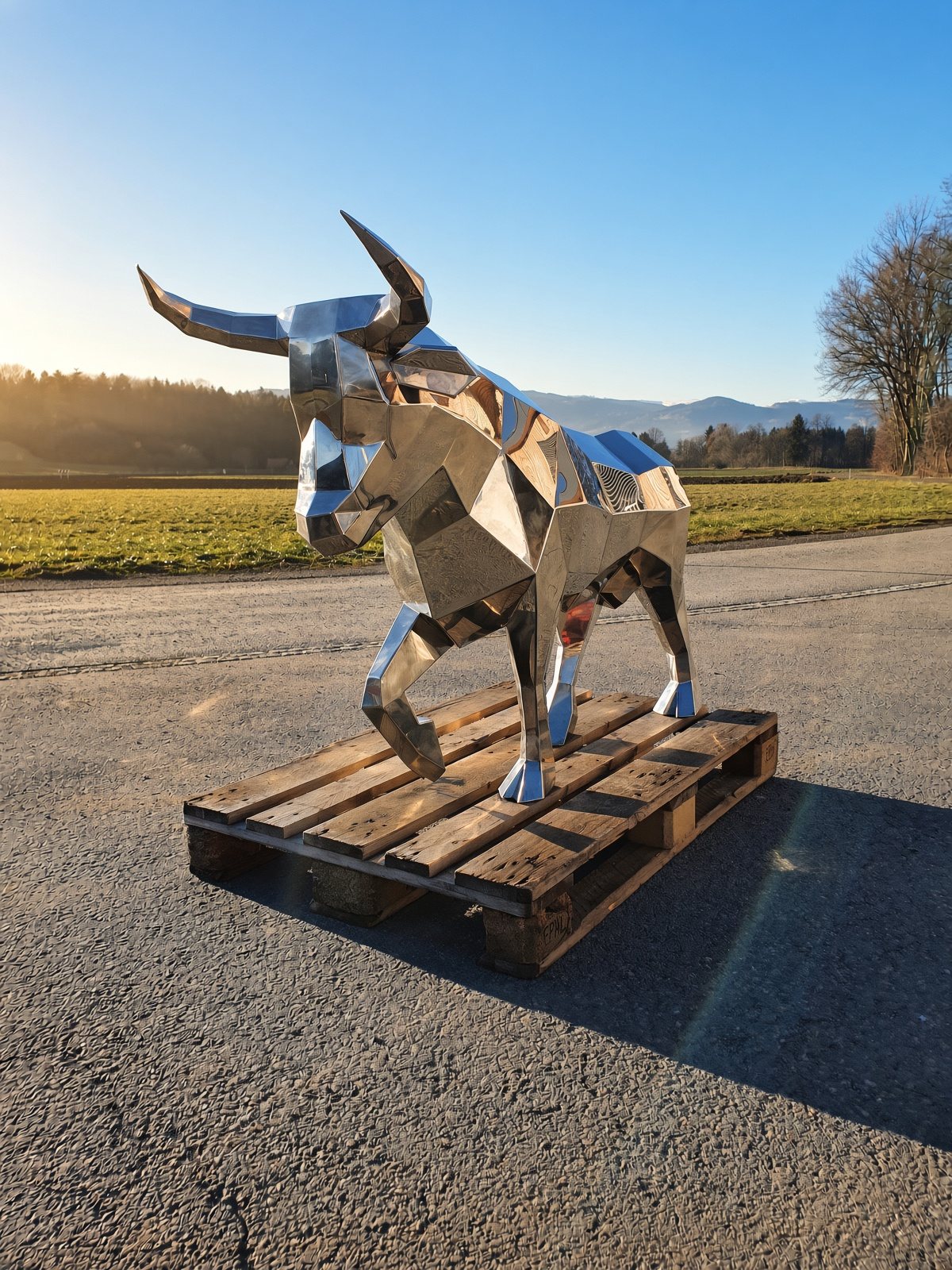 Stier aus poliertem Edelstahl
